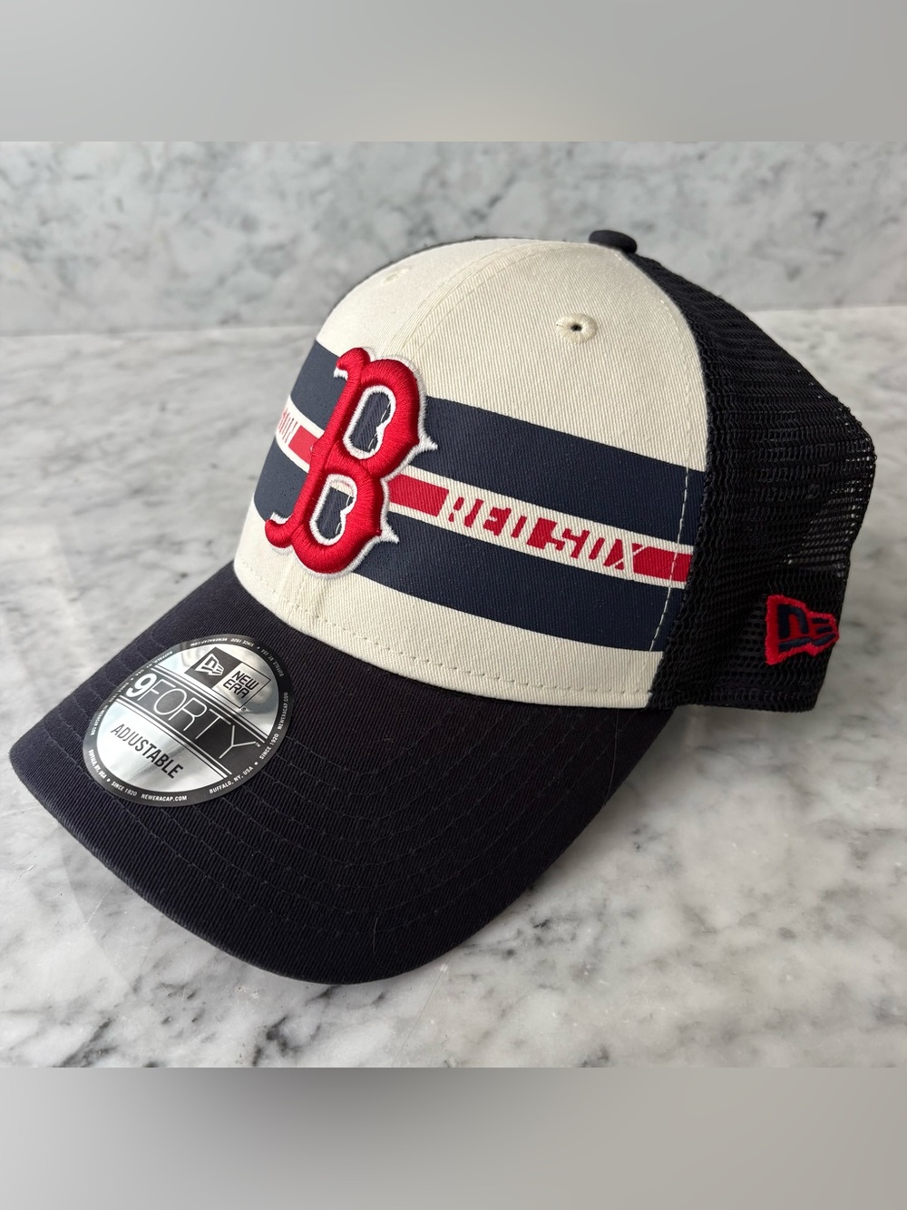 New Era Boston Red Sox Team Stripe Trucker 9FORTY Snapback Hat MLB White/Navy